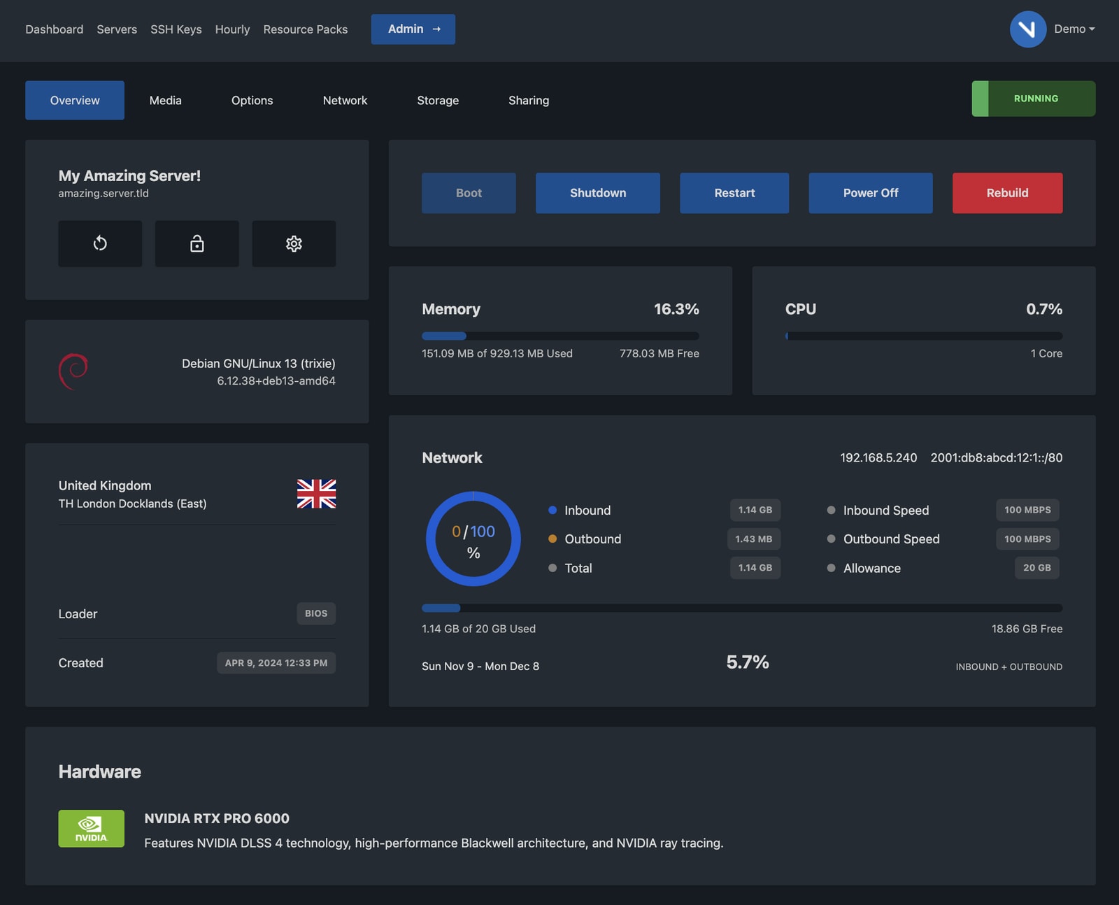 VPS control panel showing power controls and server metrics